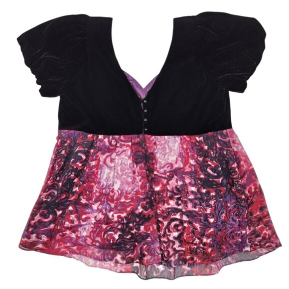 Torrid Size 0 12-14 Black Multi Vintage Bohemian Style Short Puff Sleeve Top - Picture 2 of 8